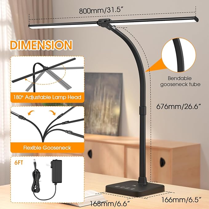 ShineTech LED Desk Lamp for Home Office, 24W Double Head Desk Light with Wireless Charging, USB Port, 25 Lighting Modes Adjustable Gooseneck Lamps