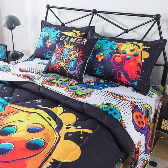 ADASMILE A & S Gamer Comforter Sets for Boys Teens 6 Pieces Gaming Bedding Set Full Size Colorful Video Game Gaming Comforter for Kids Gamer Bed in A Bag Comforter with Gamer Sheets Home Decor