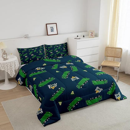 Feelyou Garbage Truck Toy Print Warm Comforter Setfor Kids Boys, Green Garbage Truck Bedding Set Cartoon Equipment Comforter Navy Blue Decor All Season Quilt Set Room 2Pcs Twin Size