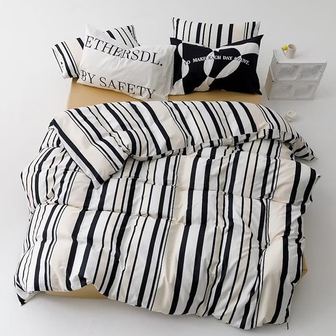 Striped Comforter Set King Black and White Comforter Men Women Modern Chic Stripes Bed Comforters Beige Black Striped King Ticking Bedding Comforter Set All Season Hotel Quality Bed Set