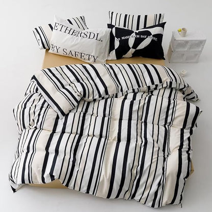Striped Comforter Set Full Black and White Comforter Men Women Modern Chic Stripes Bed Comforters Beige Black Striped Full Ticking Bedding Comforter Set All Season Hotel Quality Bed Set