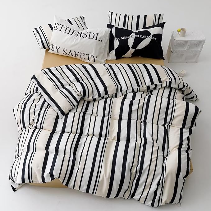 Striped Comforter Set California King Black White Comforter Men Women Modern Chic Stripes Bed Comforter Beige Black Striped Cal King Ticking Bedding Comforter All Season Hotel Quality Bed Set