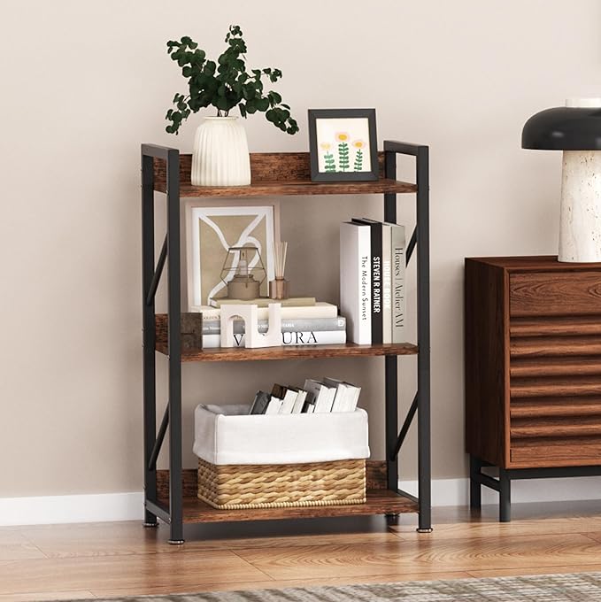 Small Bookshelf for Small Spaces, 3 Tier Bookcase, Narrow Gold Book Shelf, Small Shelf Open Display Rack for Bedroom, Living Room, Home Office,Rustic Brown