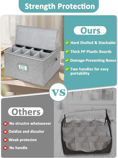 Cirhy Wine Glass Storage Box Hard Shell, Stemware Storage Containers for Moving, Holds 24 Crystal Glasses & Flutes, Stackable Glassware Chest with Dividers, Grey (2-Pack)