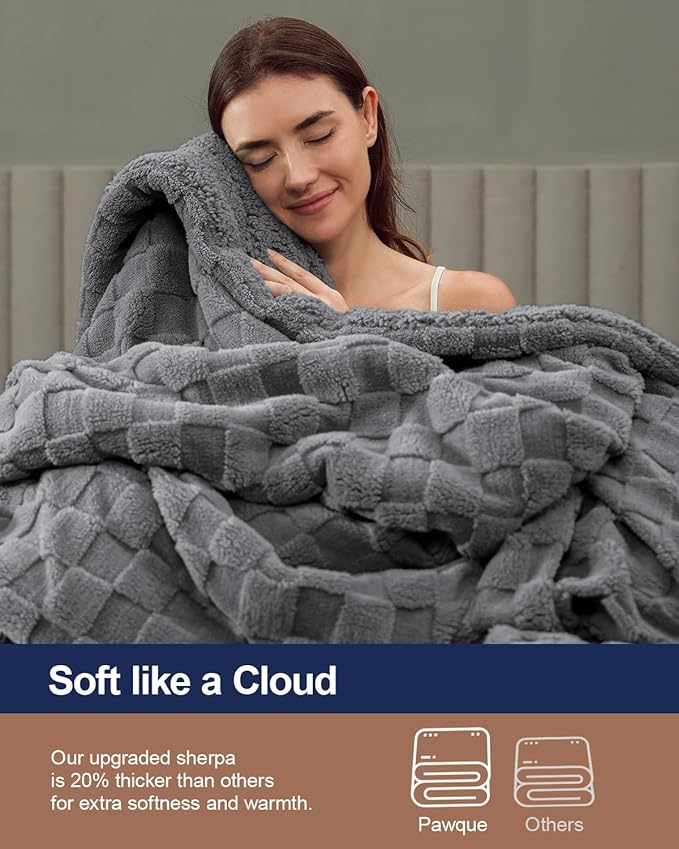 Pawque Super Soft Cozy Throw Blanket Queen Size for Couch Bed, Fluffy Sherpa Fleece Reversible Thick Warm Fuzzy Blanket for All-Season, 3D Checkered Jacquard Decorative Blankets, Grey, 90"x90"