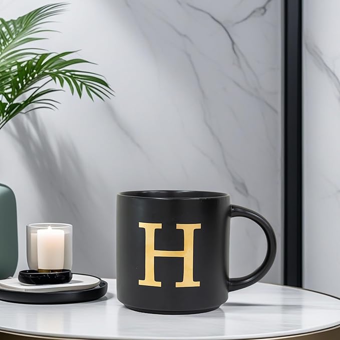 COLLECTIVE HOME - Monogram Ceramic Mugs, 15 oz Golden Initial Black Coffee Cups, Elegant Alphabet Tea Mugs, Elegant Personalized Mug with Gift Box, Unique Mug with Double Side Capital Lette (H)