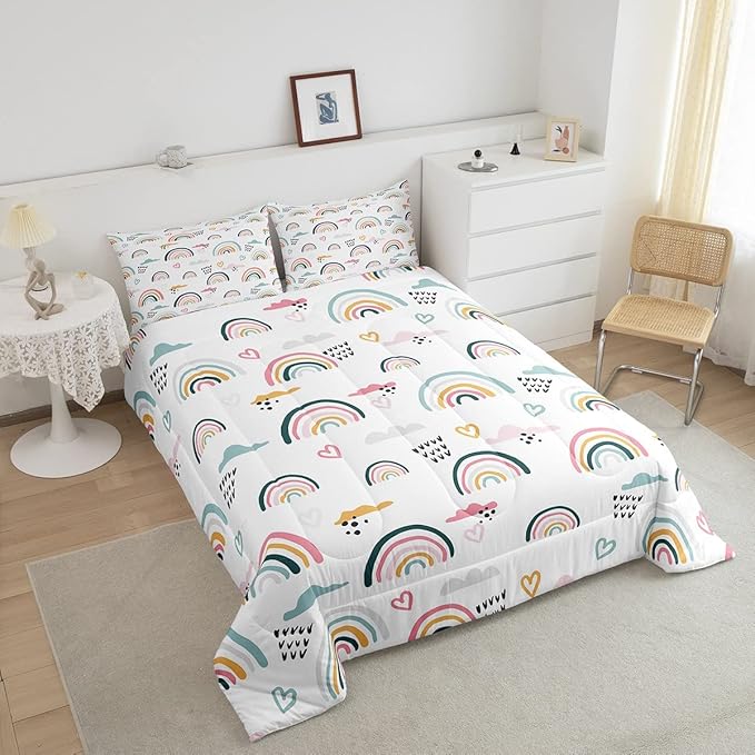 Erosebridal Rainbow Bedding Set for Kids Girls, Pink Love Heart Comforter Set King Size Cartoon Cloud Geometric Stripes Bedding Comforter for Boys Children Women Watercolor Art Girly Duvet Sets