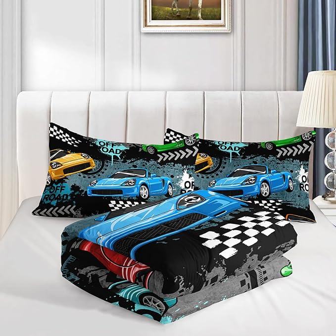 Axolotl Car Comforter Set Queen Size,Cool Speed Race Car Comforter for Kids Boys Girls Teens Bedroom,Extreme Sport Quilt Duvet 1 Comforter 2 Pillowcase Car Racing Gifts,Blue Red Orange