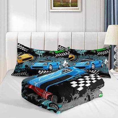 Axolotl Car Comforter Set Full Size,Cool Speed Race Car Comforter for Kids Boys Girls Teens Bedroom,Extreme Sport Quilt Duvet 1 Comforter 2 Pillowcase Car Racing Gifts,Blue Red Orange