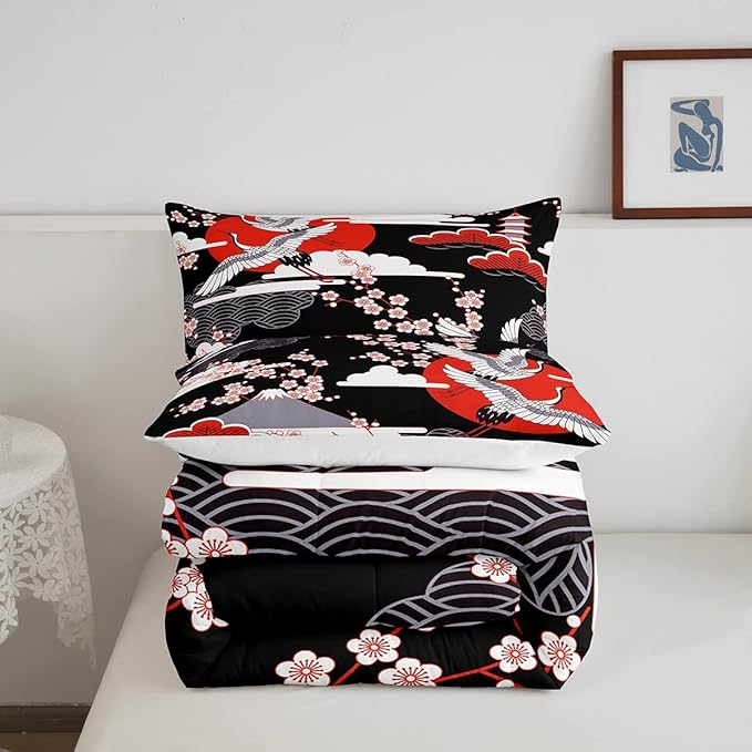 Japanese-Style Comforter Set Queen Size Crane Printed Cherry Blossoms Decor Down Comforter, for Adult Women Girls Teens Japanese Traditional Pattern Quilted Duvet Ukiyoe Theme Bedding Comforter