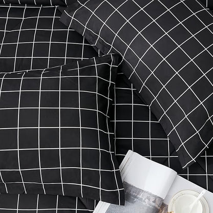 Andency Black Grid Comforter Set Queen Size (90x90 Inch), 3 Pieces(1 Grid Comforter and 2 Pillowcases), Summer Lightweight Microfiber Down Alternative Black Comforter with White Lines