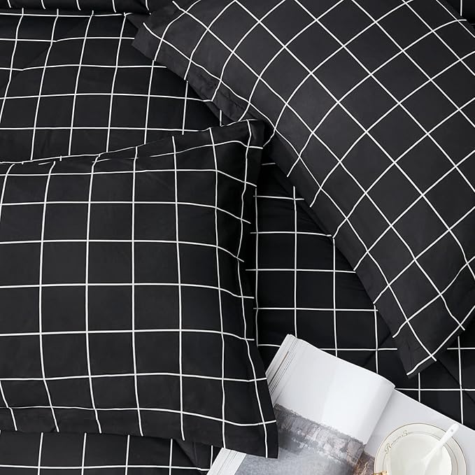 Andency Black Grid Comforter Set Twin Size (66x90 Inch), 2 Pieces(1 Grid Comforter and 1 Pillowcase), Summer Lightweight Microfiber Down Alternative Black Comforter with White Lines for Kids Girls