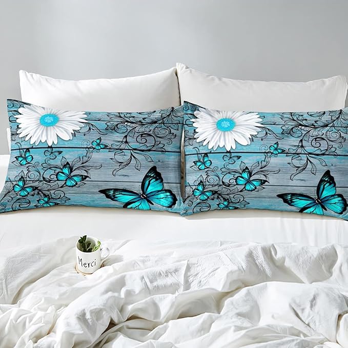 Butterfly Bedding Sets for Girls Teens Women Bedroom Rustic Flower Comforter Set King Size,Blue Butterflies White Chic Floral Duvet Set Retro Vintage Romantic Style Quilt Set Soft Lightweight