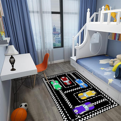 Car Rug Race Car Rug Car Track Rugs for Boys Race Track Carpet Race Car Track Rug Car Rug for Boys Room Car Rug Play Mat Car Carpet for Kids Rugs for Boys Bedroom,Black 3'×4'