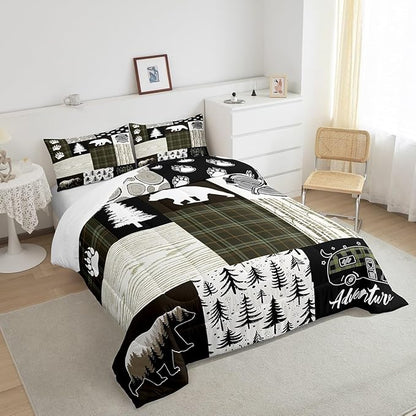 Bear Comforter Set King Size,Pine Trees Animals Hunting Bedding Set for Kids Boys Girls Adults Room Decor,Camping Adventure Rustic Farmhouse Down Comforter,Green Plaids Duvet Insert,2 Pillowcases