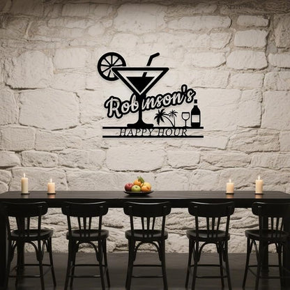Happy Hour Metal Bar Sign - Personalized Wine Wall Art, Rustic Home Bar Decor, Custom Cocktail & Wine Themed Metal Signs for Indoor/Outdoor - MADE IN USA