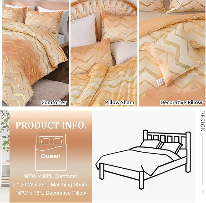 Ombre Beige Comforter Set Queen Size Girls Bedding Soft Microfiber Comforter for Kids Teen Women,4 Pieces (1 Comforter,2 Pillowcase,1 Decorative Pillow Sham)