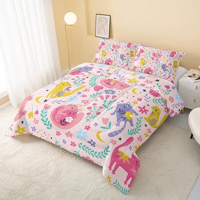 Floral Cat Comforter Queen Size,Pink Cat Comforter Set for Kids Teens Girls,3Pcs Bedding Set Printed Comforter with 2 Pillowcases,Down Alternative,Soft and Lightweight(Pink，Queen Size)