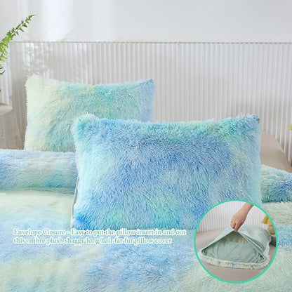 WINLIFE Shaggy Bedding Comforter Set Faux Fur Flannel Furry Comforter Microfiber Long Hair Fluffy Plush Comforter Sets Gradient Ombre Blue Aqua Teal Bedding for Girls Adults (3Pcs, Twin, Mint Green)