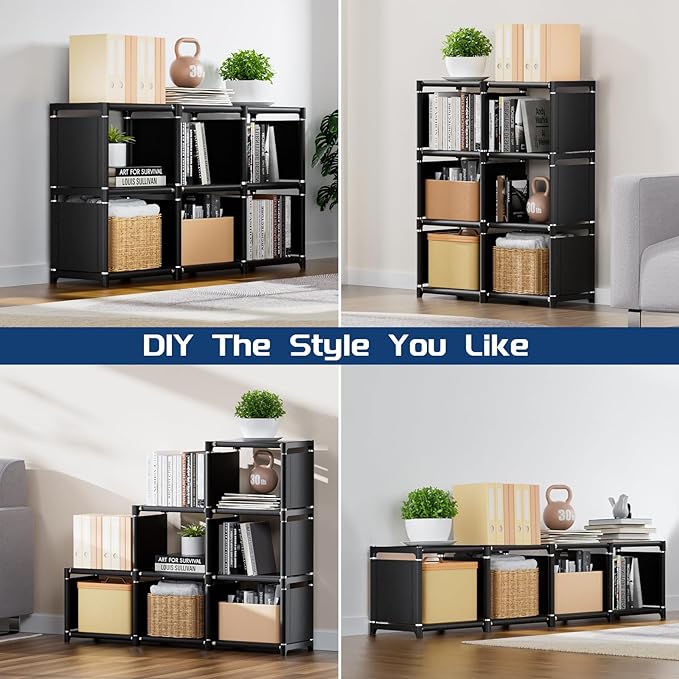 Mavivegue Book Shelf, 6 Cube Storage Organizer, DIY Bookcase, Metal Cube Bookshelf,Tall Book case for Bedroom, Living Room,Office,Closet Storage Organizer, Black Cubicle Storage Rack