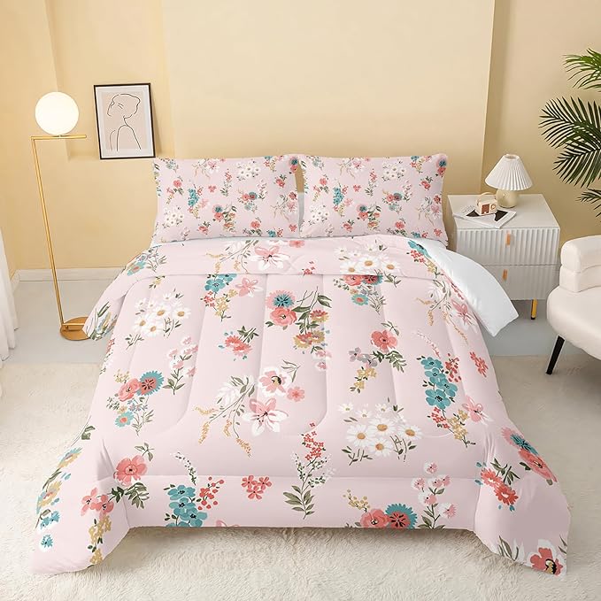 Floral Comforter Twin Size,Pink Floral Kids Comforter Set,3Pcs Bedding Set Printed Comforter with 2 Pillowcases,Down Alternative,Soft and Lightweight,for All Seasons