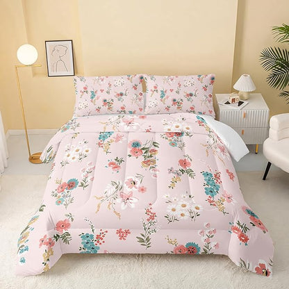 Floral Comforter Twin Size,Pink Floral Kids Comforter Set,3Pcs Bedding Set Printed Comforter with 2 Pillowcases,Down Alternative,Soft and Lightweight,for All Seasons