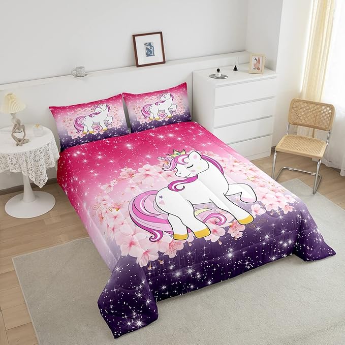 Unicorn Comforter Set Queen Glitter Bedding Set Cherry Blossoms Duvet Insert Kids Cartoon Kawaii Animal Down Comforter Ombre Galaxy Stars Fantasy Girls Room Decor Quilt Set Aesthetic Pink Purple