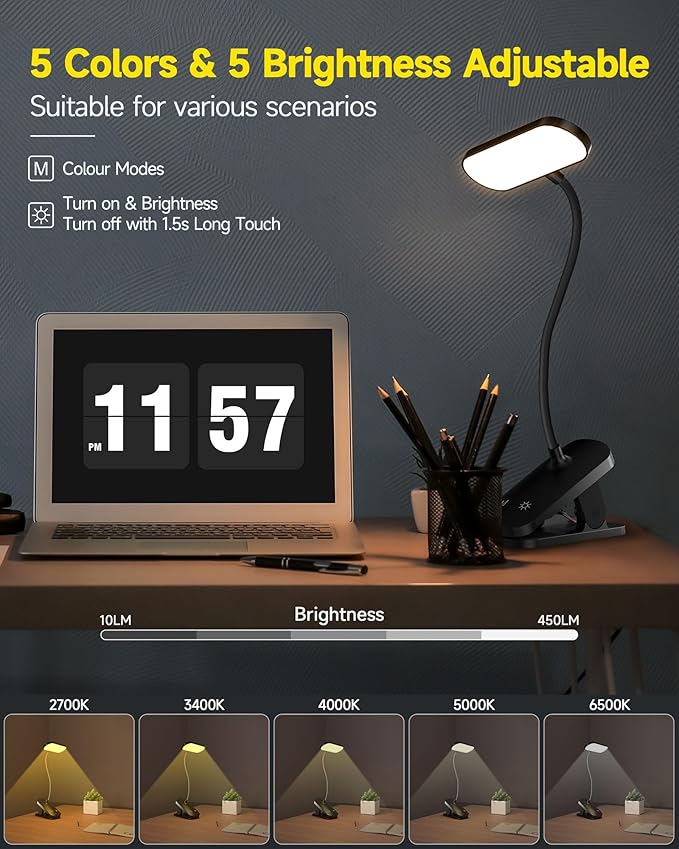 CUHIOY Desk Lamp Clip on Reading Light, USB-C Battery-Operated Rechargeable Table Lamps with Clamp for Dorm Home Office, 38LEDs Bed Headboard Light, 5 Colors 5 Brightness, Flexible Gooseneck（Black）
