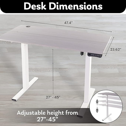 Electric Standing Desk - Adjustable Height Desk with Laptop Stand, Sit Stand Desk, Riser Table (48 inch x 24 inch), Smoothly and Quietly Adjust from 27 to 45 inches, White Frame, Gray Desktop