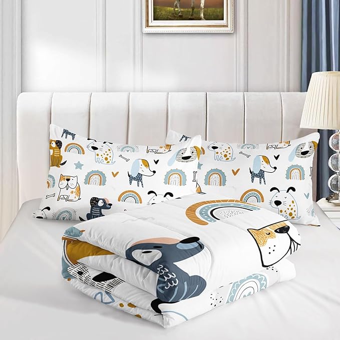 Datura home Kawaii Dogs Comforter Set Cute Dogs and Rainbow Printed Quilt Bedding Set with 1 Comforter and 2 Pillowcases for Boys and Girls Bedroom All Season(Dogs Full)