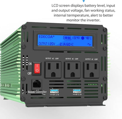 EDECOA 2000W Power Inverter 12V DC to 110V 120V AC 2000 Watts with Remote Control LCD Display USB 3 Outlets for Cars, Trucks, RVs, Rural Cabins