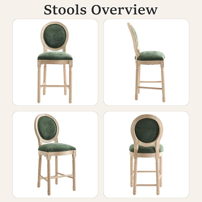 French Country Barstool, Linen Farmhouse Counter Height Chair | Set of 6, with Cushion Round Back and Solid Wood Legs, Oval Chairs for Restaurant, Bar, Kitchen, Café, Green