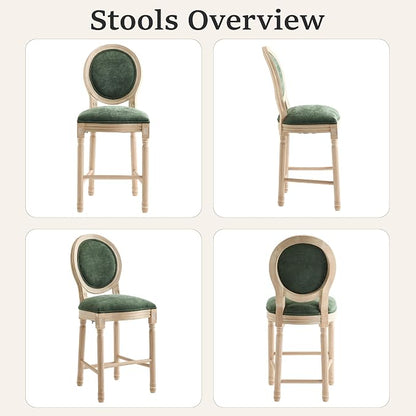 French Country Barstool, Linen Farmhouse Counter Height Chair | Set of 6, with Cushion Round Back and Solid Wood Legs, Oval Chairs for Restaurant, Bar, Kitchen, Café, Green