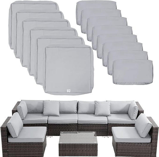 ClawsCover 14Pack Outdoor Patio Seat and Back Cushions Replacement Covers Fit for 7Pieces 6-Seater Wicker Rattan Sectional Couch Chair Furniture Set,Gray-Include Cover Only (Small)