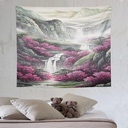 Japanese Tapestry, Red Plum Blossom Mountain Tapestry, Asian Japanese Wall Tapestry, Nature Landscape Tapestries for Bedroom Living Room Decor 60"x50"