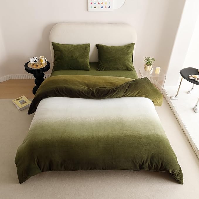 Wellboo Army Green Gradient Comforter Sets Twin Green White Fluffy Bedding Comforters Modern Gradient Dark Green Flannel Quilts Farmhouse Abstract Art Watercolor Comforters Sherpa Fuzzy Plush Bedding