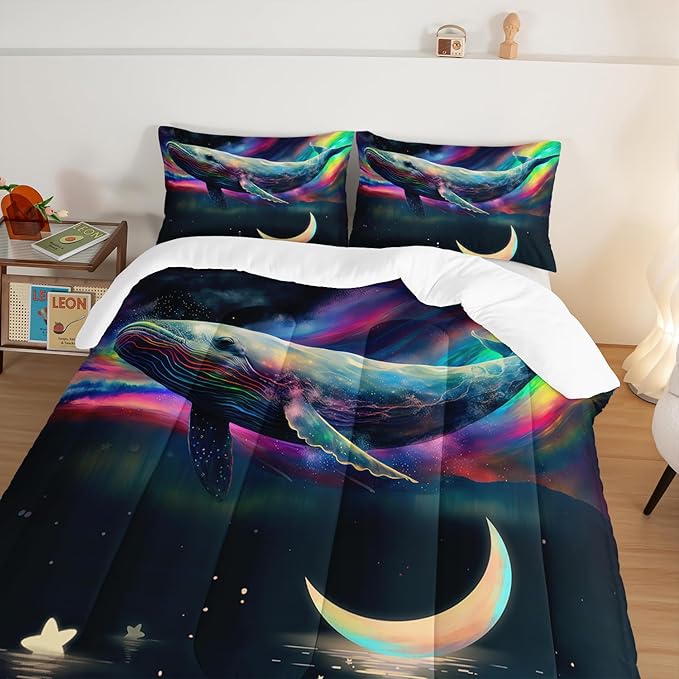 HOSIMA 3D Whale Galaxy Bedding Comforter Sets,Stars Moon Queen Comforter Set Starry Room Decor Aesthetics for Adults Kids,Ocean Theme Marine Life Whale Comforter with 2 Pillowcases.