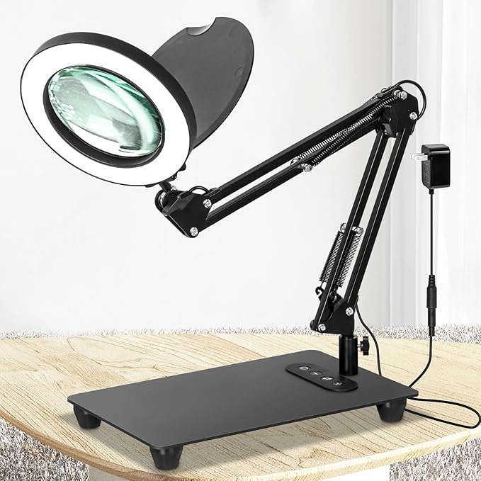 HITTI 10X Magnifying Glass with Light and Stand, Upgrade Base Button, 3 Color Modes Stepless Dimmable Magnifying Lamp, Adjustable Swing Arm LED Lighted Magnifier for Crafts Soldering Hobby