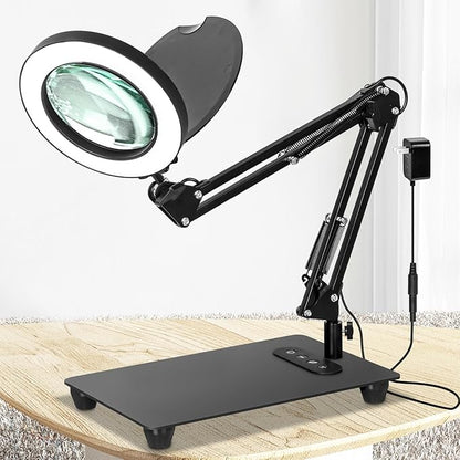 HITTI 10X Magnifying Glass with Light and Stand, Upgrade Base Button, 3 Color Modes Stepless Dimmable Magnifying Lamp, Adjustable Swing Arm LED Lighted Magnifier for Crafts Soldering Hobby