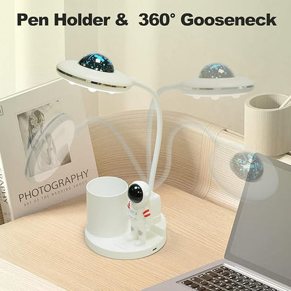 LED Desk Lamp for Kids, Astronaut cute Small Desk Lamp with USB Charging Port, Pen Holder, projection night lights for kids, White desk Lamp, Eye-Caring Study Table Lamp for boys Bedroom