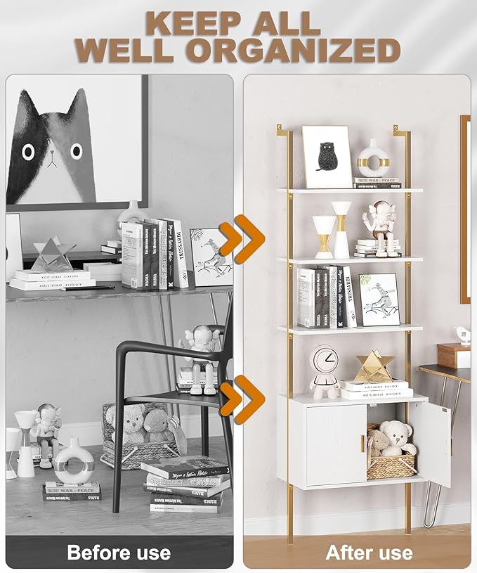 Gadroad Ladder Bookshef with Cabinet, Wall Mounted Bookcases, 5 Tier Tall Open Display Rack, 73" Metal Industrial Bookshelf, Storage Shelves for Livingroom, Home Office, Gold