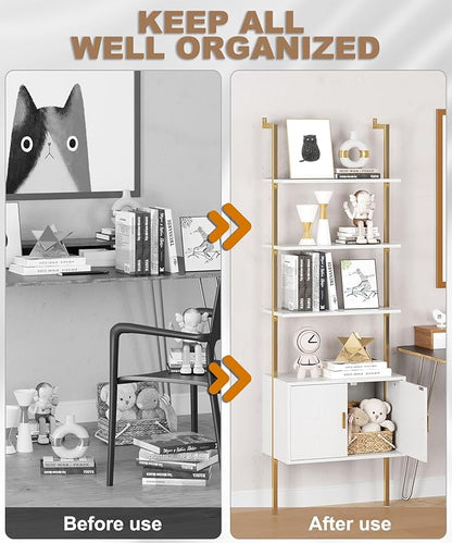 Gadroad Ladder Bookshef with Cabinet, Wall Mounted Bookcases, 5 Tier Tall Open Display Rack, 73" Metal Industrial Bookshelf, Storage Shelves for Livingroom, Home Office, Gold