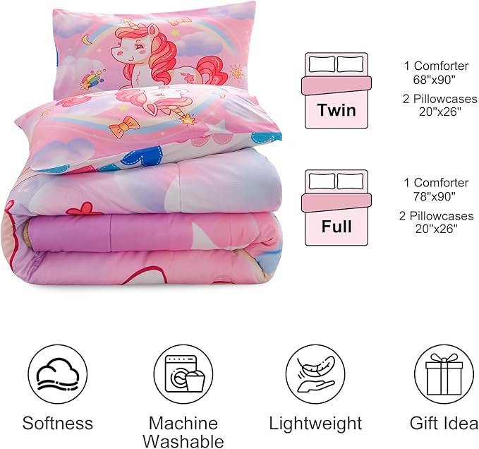 Aimuan Girls Unicorn Comforter Set 3 Pieces Pink Purple Bedding Set with Rainbow Star Galaxy Stars Fantasy Children Room Decor Soft Reversible Bed Sets for Boys/Girls/Teens (Pink Twin3Pcs)