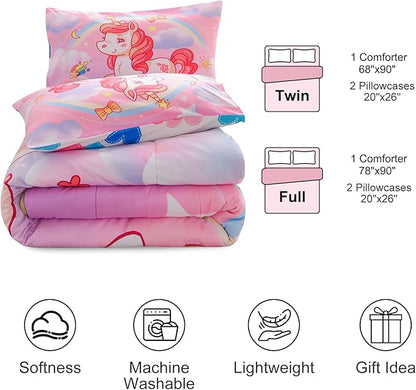 Aimuan Girls Unicorn Comforter Set 3 Pieces Pink Purple Bedding Set with Rainbow Star Galaxy Stars Fantasy Children Room Decor Soft Reversible Bed Sets for Boys/Girls/Teens (Pink Twin3Pcs)