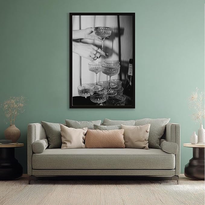 Champagne Glasses Wall , Black And White Art, Wine Glasses Poster, Bar Cart , Cocktail, Retro Photography, Bar Wall Decor Canvas Poster Bedroom Decor Sports Landscape Office Room Decor Gift Black Fram