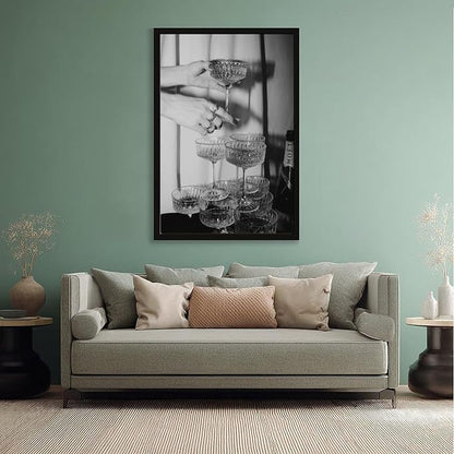 Champagne Glasses Wall , Black And White Art, Wine Glasses Poster, Bar Cart , Cocktail, Retro Photography, Bar Wall Decor Canvas Poster Bedroom Decor Sports Landscape Office Room Decor Gift Black Fram