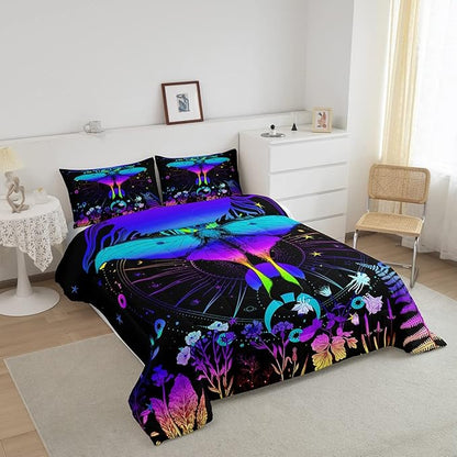 Erosebridal Moth Comforter Set Hippie Psychedelic Sun and Moon Bedding Set Full,Purple Blue Ombre Galaxy Floral Botanical Comforter for Girls Teens Women Stars Planet Quilt Duvet 2 Pillowcases