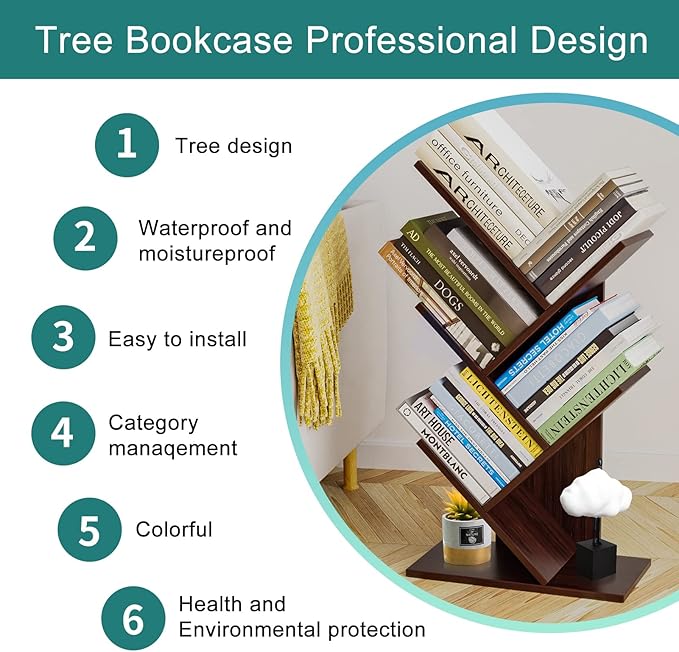 Tree Bookshelf, 5 -Tier Book Storage Organizer Shelves Floor Standing Bookcase, Wood Storage Rack for Office Home School Shelf Display for Cd/Magazine (Dark Walnut)