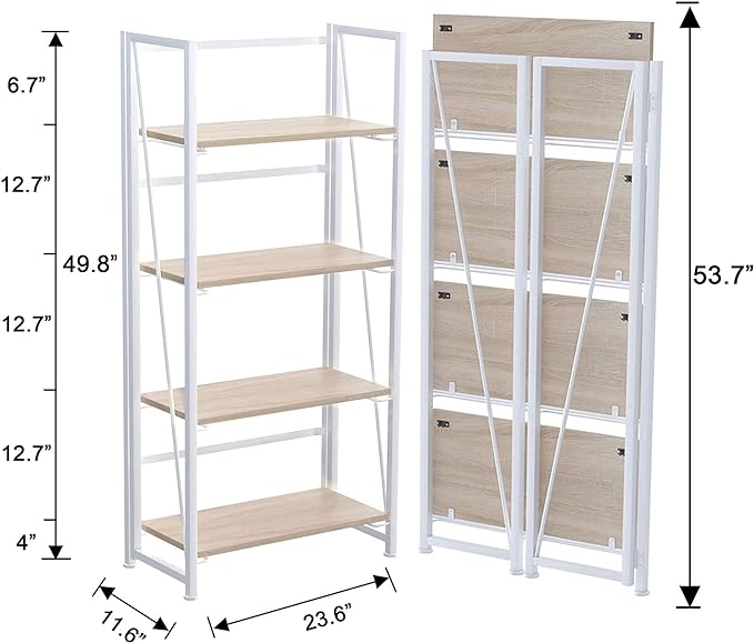 No-Assembly Folding Bookshelf Storage Shelves 4 Tiers Vintage Multifunctional Plant Flower Stand Storage Rack Shelves Bookcase for Home Office (White)