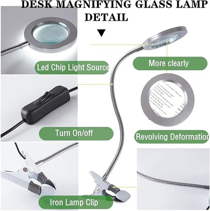 Magnifying Glass with Light and Stand, Desk Lamp LED light with USB Powered,Adjustable Flexible Gooseneck,clip on desktop & bed for Reading, Crafts;studio for Daily Hobbies Repairing.
